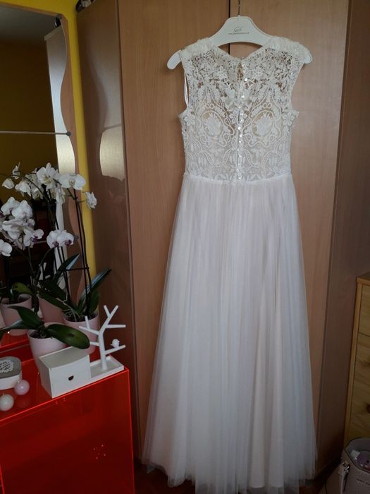 Suknia ślubna welon 36/38 śmietankowa boho tiul