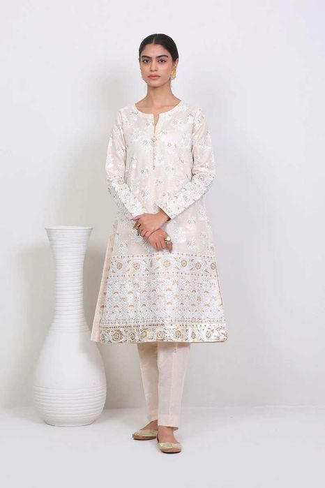 Indyjski komplet M 38 beżowy złoty malowany tunika kameez kurta boho