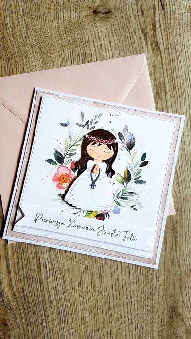 Kartka na Komunię, wiankowa, personalizowana, ręcznie robiona