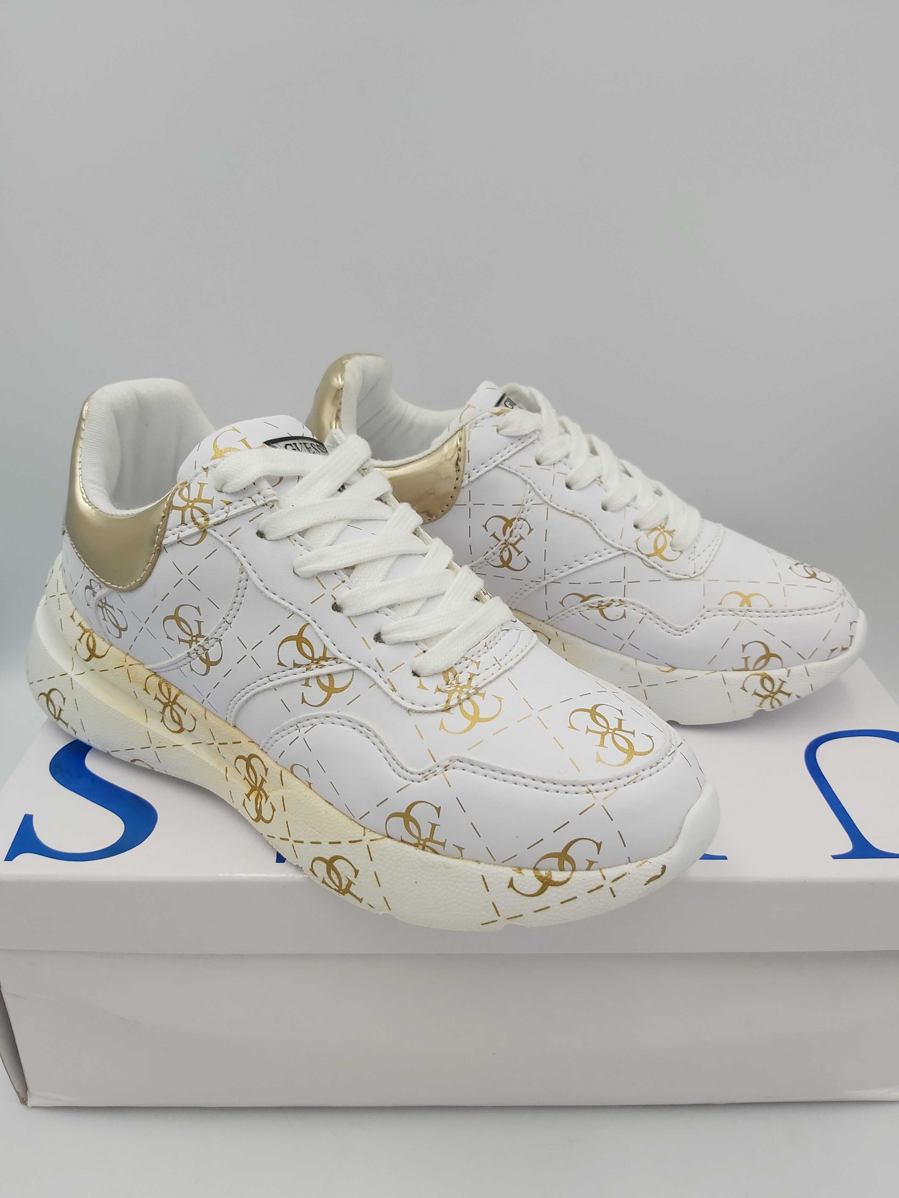 NOWE sneakersy GUESS białe monogram złote platrofma rozmiar 35
