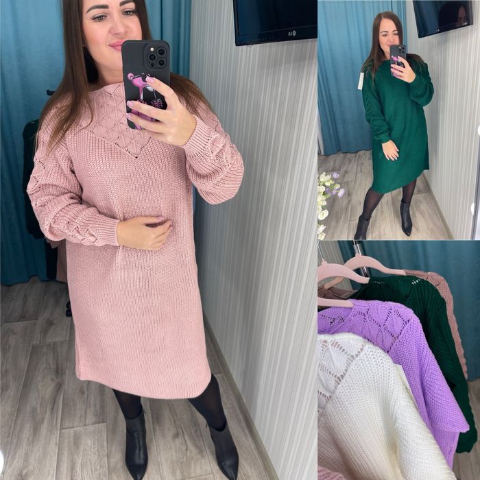 Женское вязаное платье 42-54 батал пудра,голубой Жіноча тепла сукня