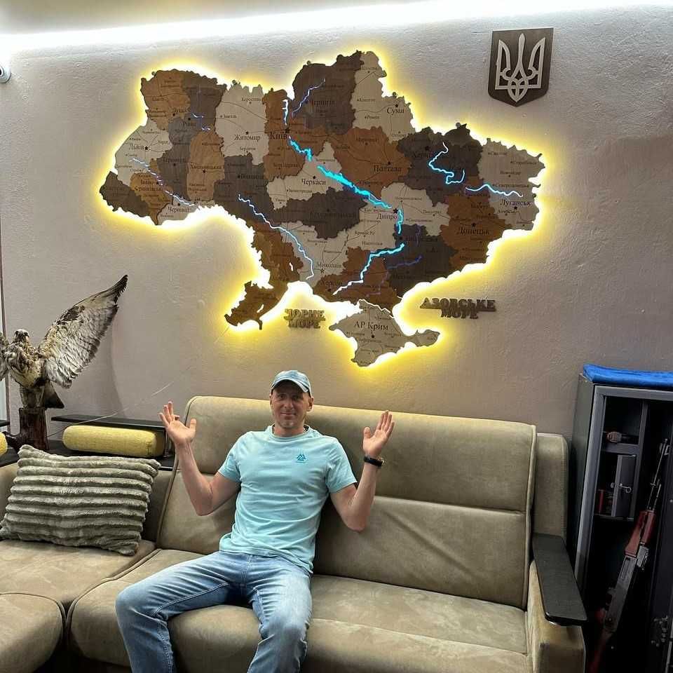 Дерев'яна мапа України з підсвіткою карта на стіну панно картина