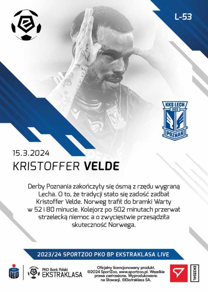 L-53 Kristoffer Velde PKO Ekstraklasa 2023/24 LIVE Karta Lech Poznań