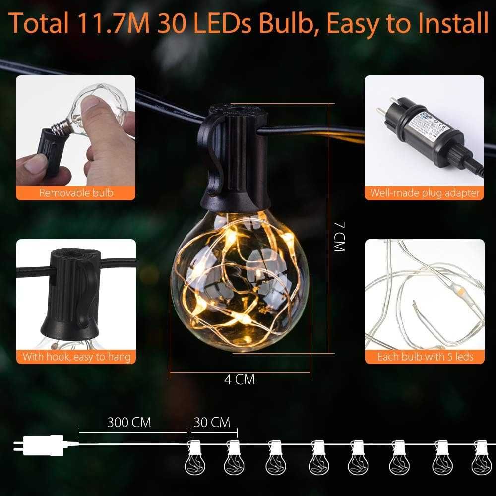 гірлянда з лампочок Quntis IP65 LED String Lights Outdoor 30 G40 E12