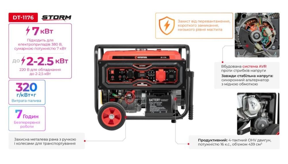 Генератор бензиновий 7,0/7,5 кВт, 25 л, Intertool DT-1176