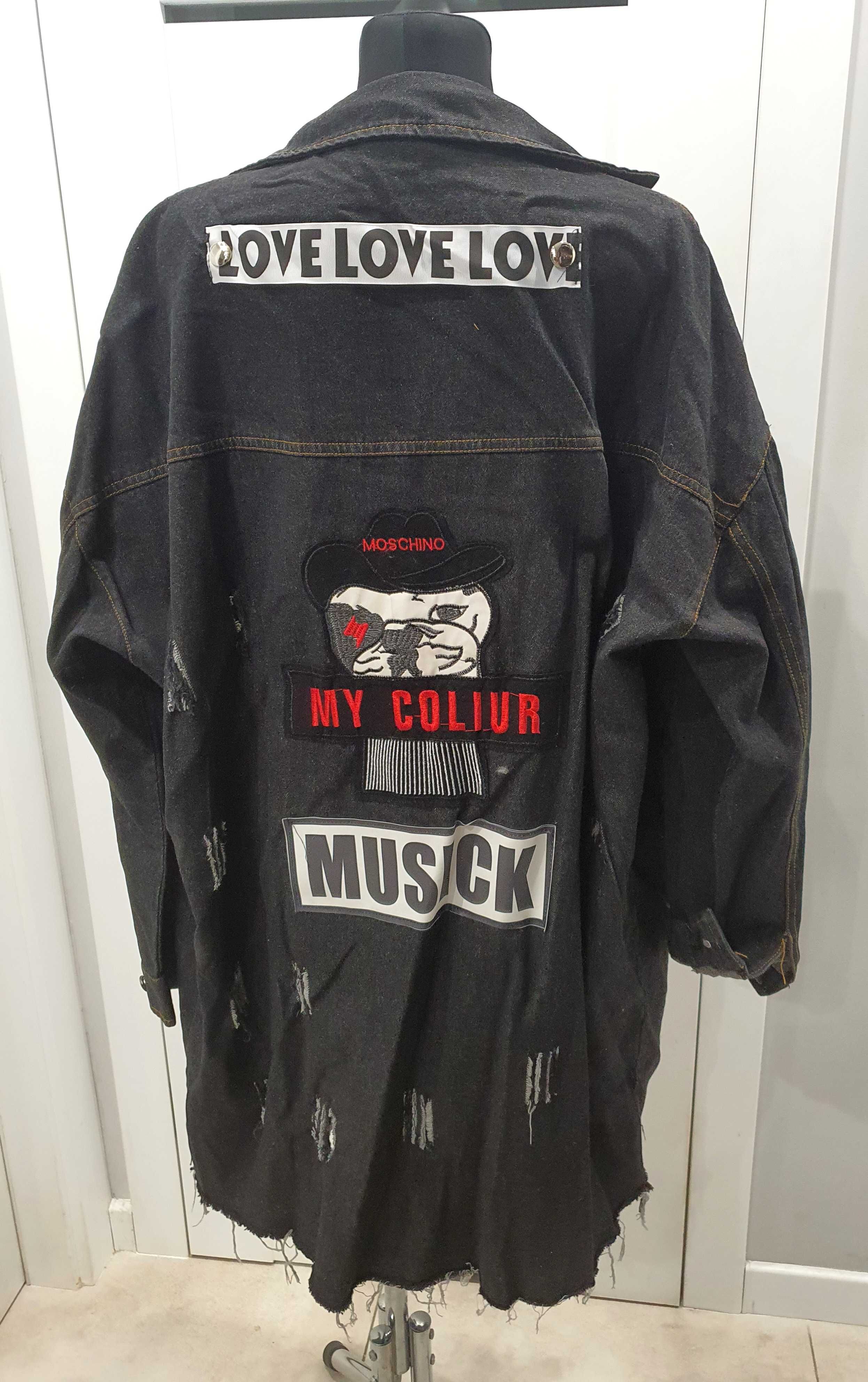 Kurtka katana jeans cekiny przetarcia logo Moschino