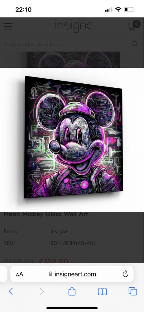 Quadro Mickey Neon 40x40 cm em vidro temperado