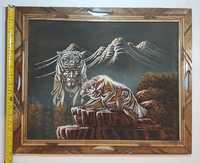 Unikalny obraz olejny na płótnie meksykański z Indianinem i wilkiem