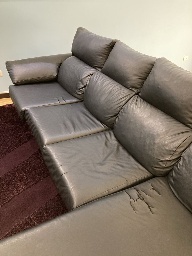 Sofá em pele, 3 lugares com chaise longue