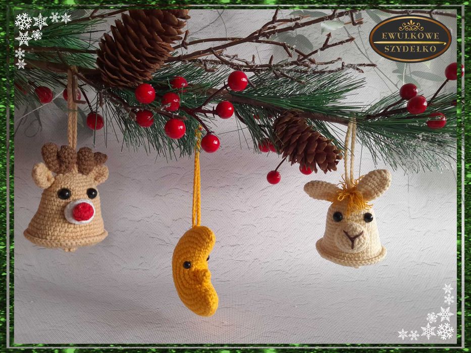 Zawieszki ozdoby na choinkę - księżyc, dzwonki lama i renifer handmade