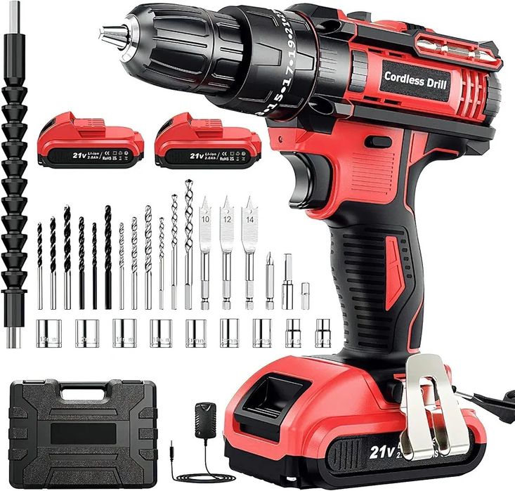 21V Cordless Drill Driver Kit, 2.0Ah, 42Nm, 2 акумулятори, повний комп
