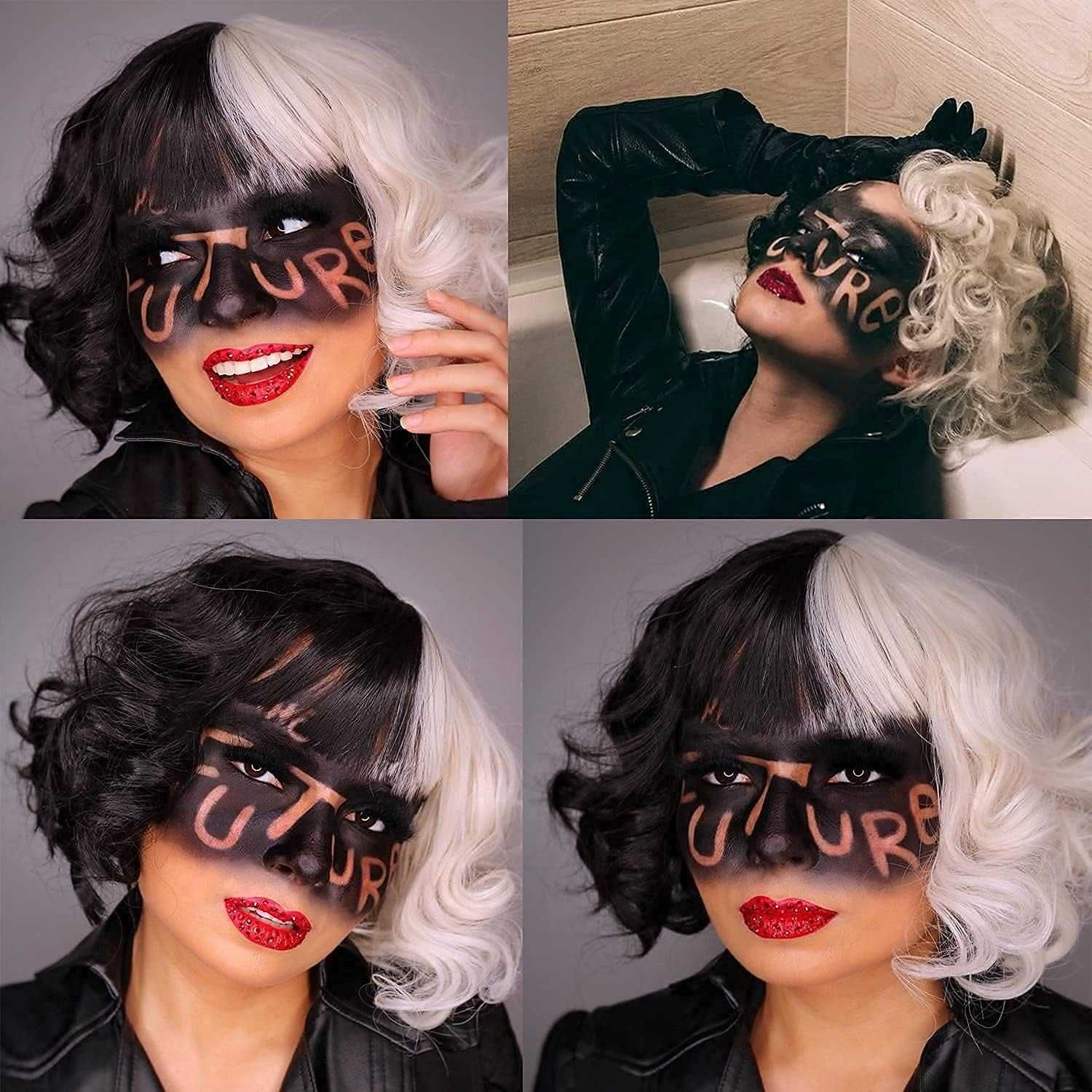Peruka Biało Czarna CRUELLA DE VIL Cosplay włosy półdługie + AKCESORIA