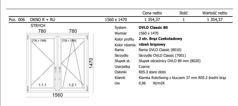 Okno Ovlo Classic 60 Czekalodowy brąz 1560 x 1470 NOWE