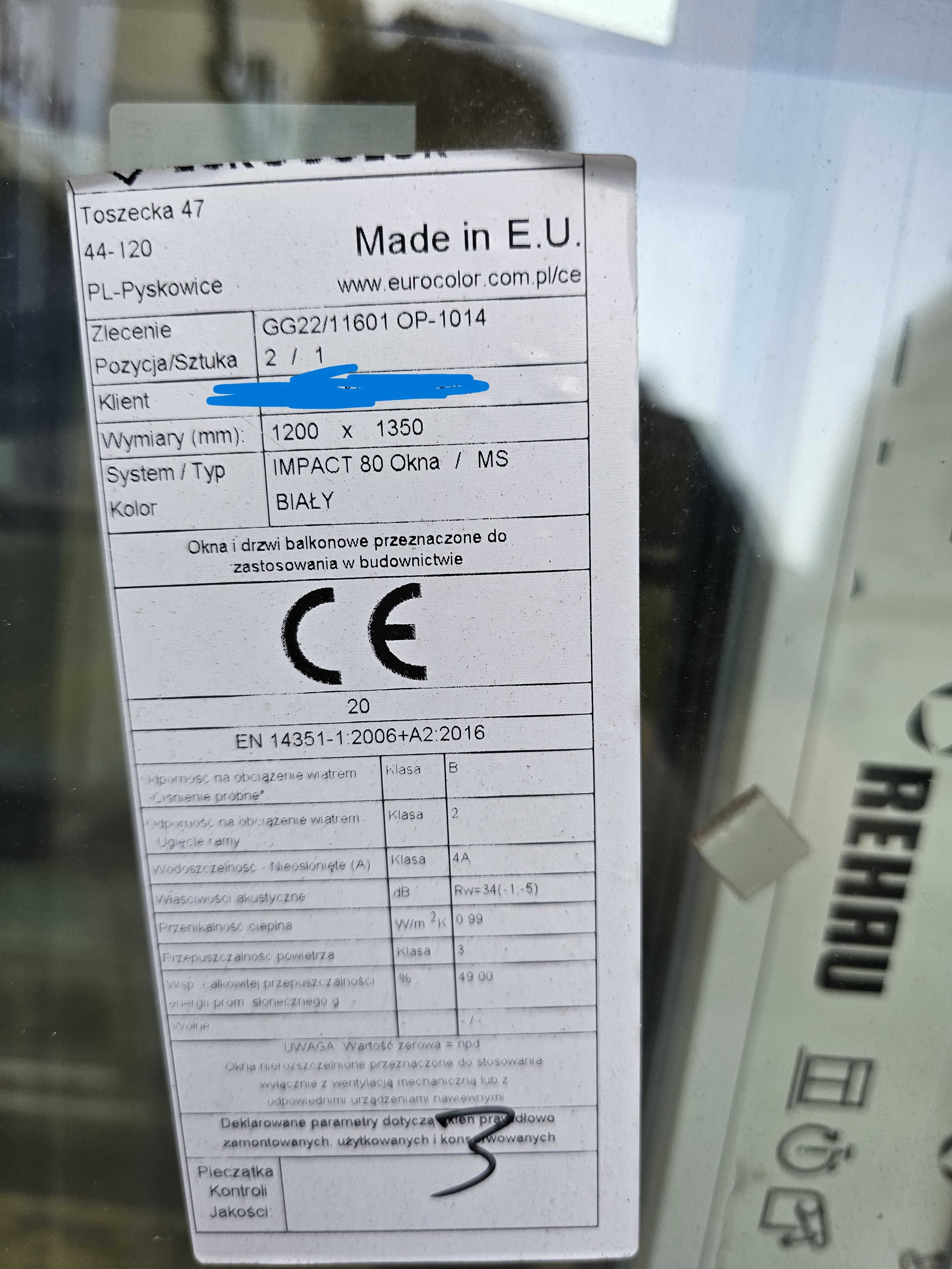 Nowe okno PCV 3 szyby 1350x1200mm białe Eurocolor Impact
