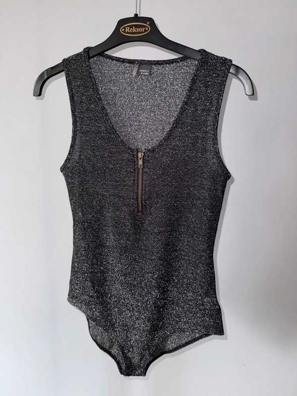Czarne body Sparkle&Fade M – metaliczny połysk, zamek, brokatowy efekt