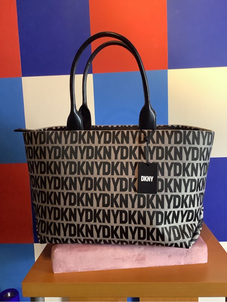 DKNY duży shopper, szaro-czarny, logowany,