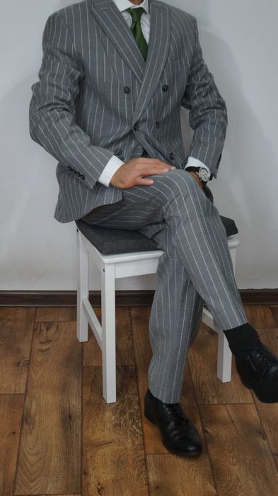 Garnitur Dwurzędowy Zara Wełna Rozmiar 54 190/108 Kolor Szary Prążki