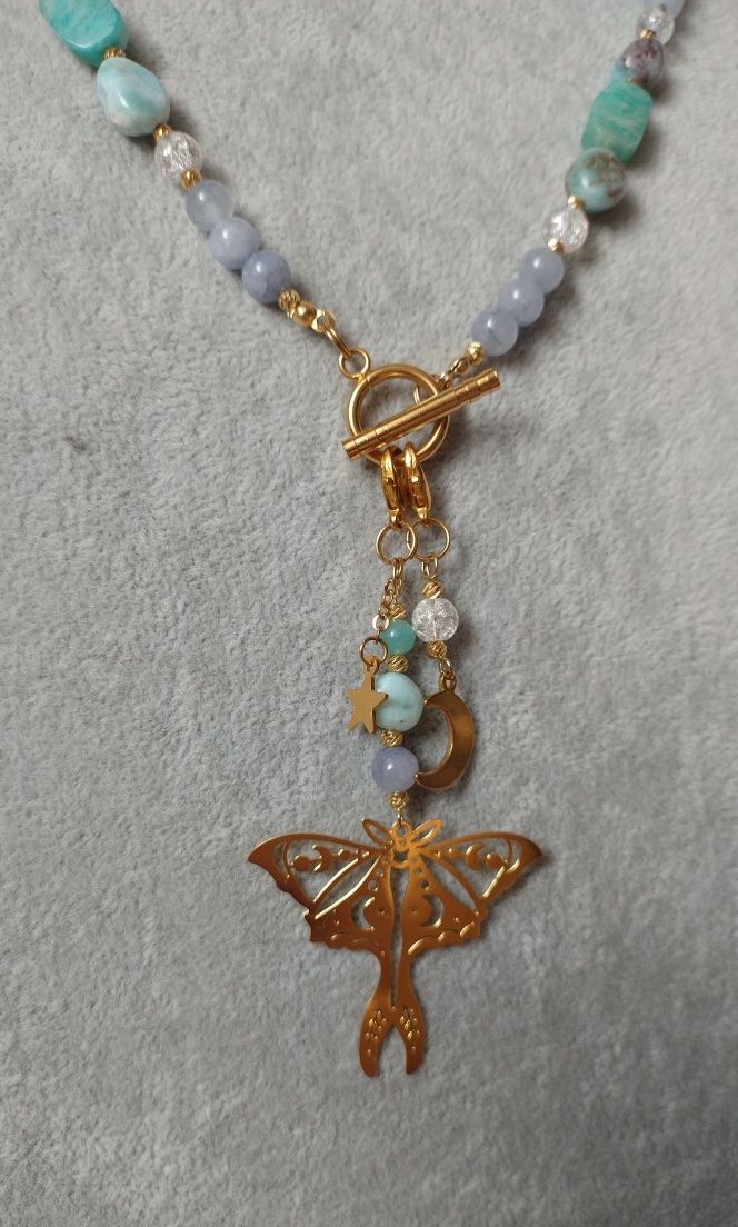 Naszyjnik larimar, akwamaryn, amazonit, kryształ górski