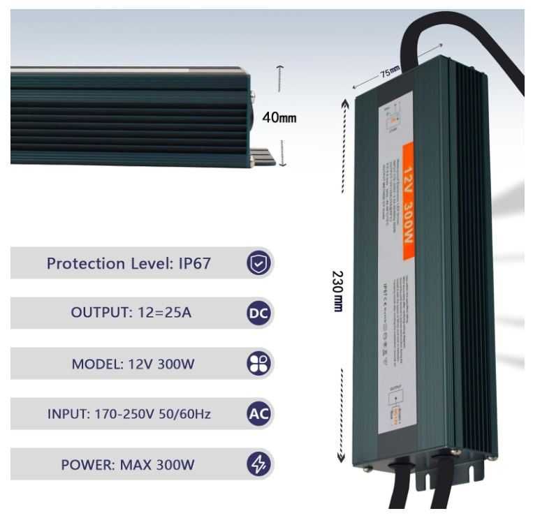 Zasilacz 12V 300W 25A Do Taśm LED Wodoodporny IP67 Transformator