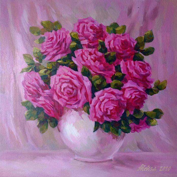 Картина маслом "Малиновые розы"