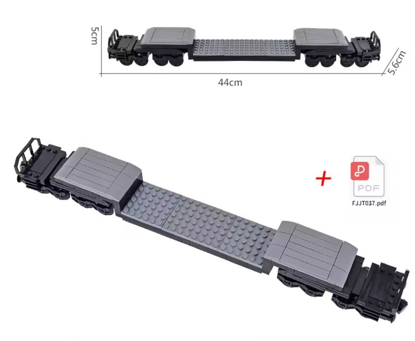 Długa platforma kolejowa, wagon, podwozie. Klocki kompatybilne z lego