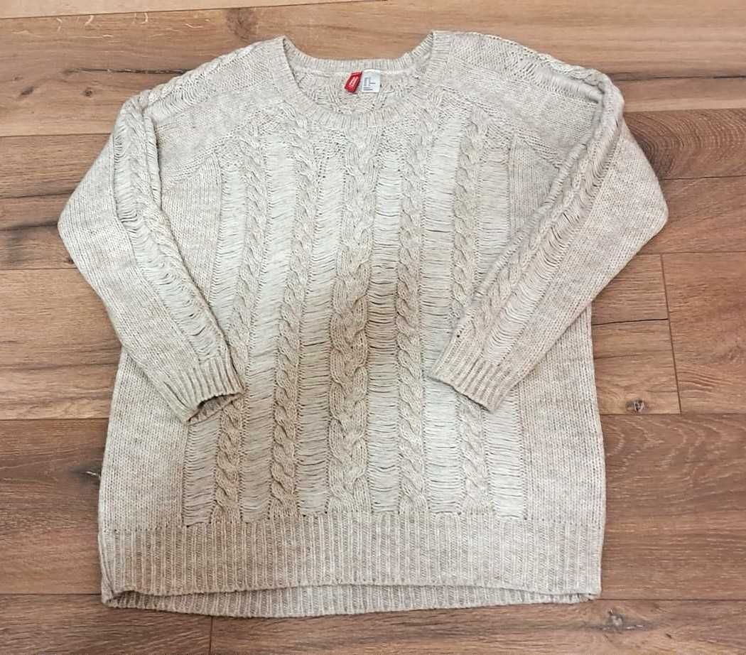 Sweter H&M z wełną M oversize beż ecru warkocze