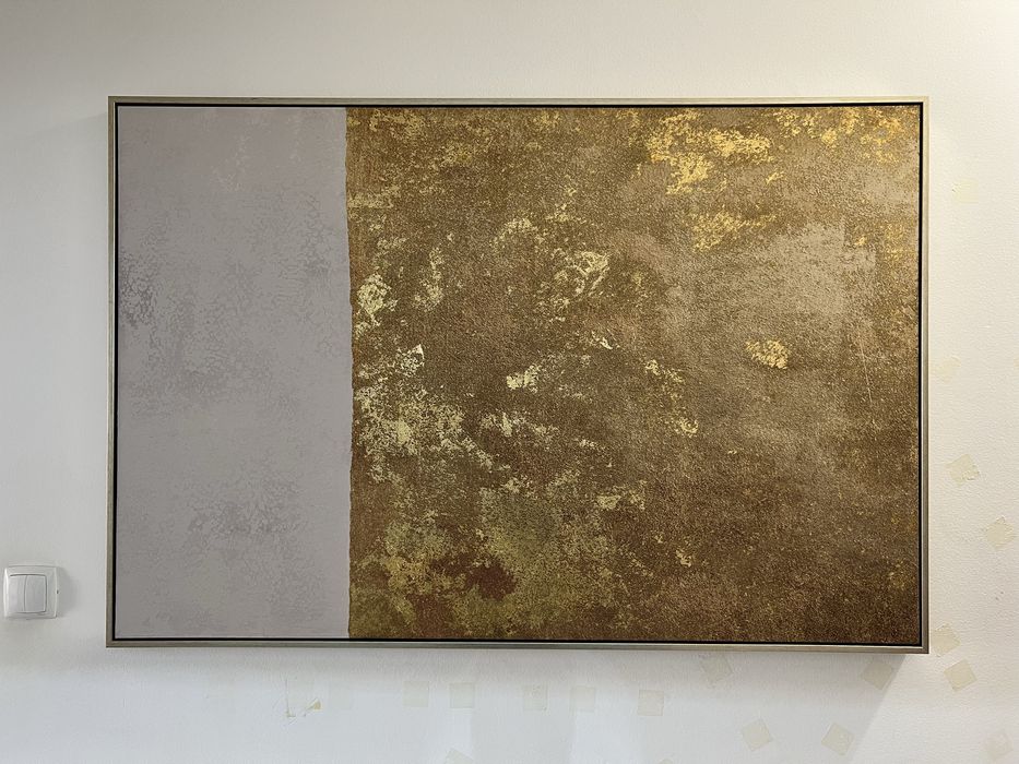 Quadro Tela VIVA Grande Moldura Dourado Branco Abstrato