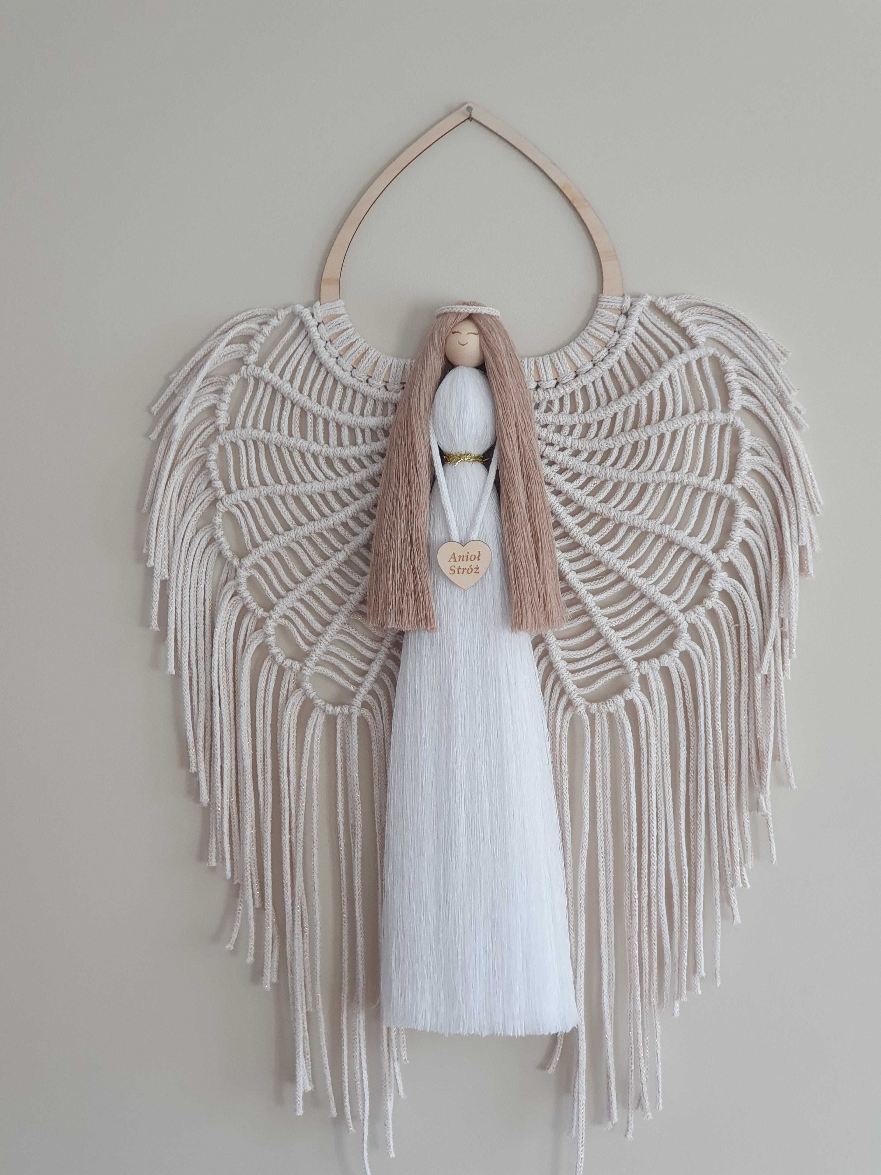 Anioł stróż w bieli, makramowy anioł. Komunia, chrzest. Wysyłka
