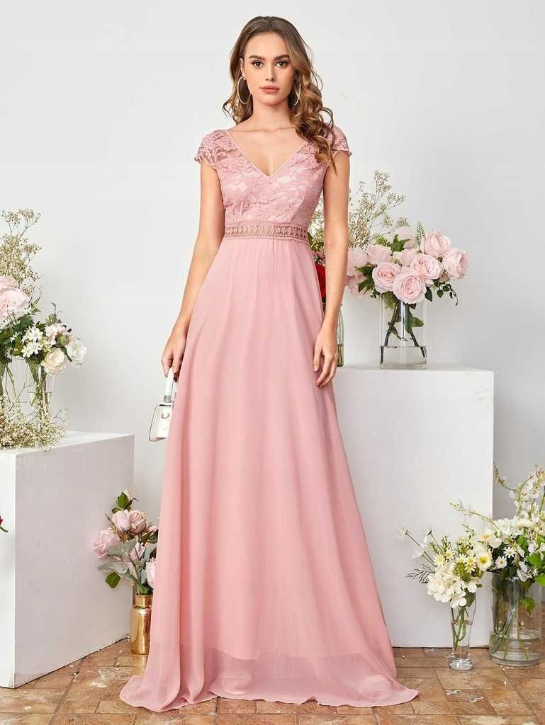 NOWA sukienka maxi długa różowa koronka szyfon wesele tiul druhna XS