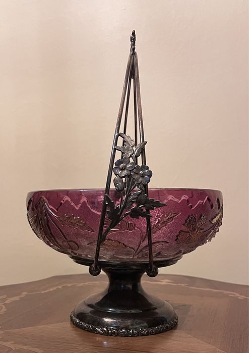 Rarytas posrebrzana patera na nodze ze szkalnym wkładem XIXw. J.Watts