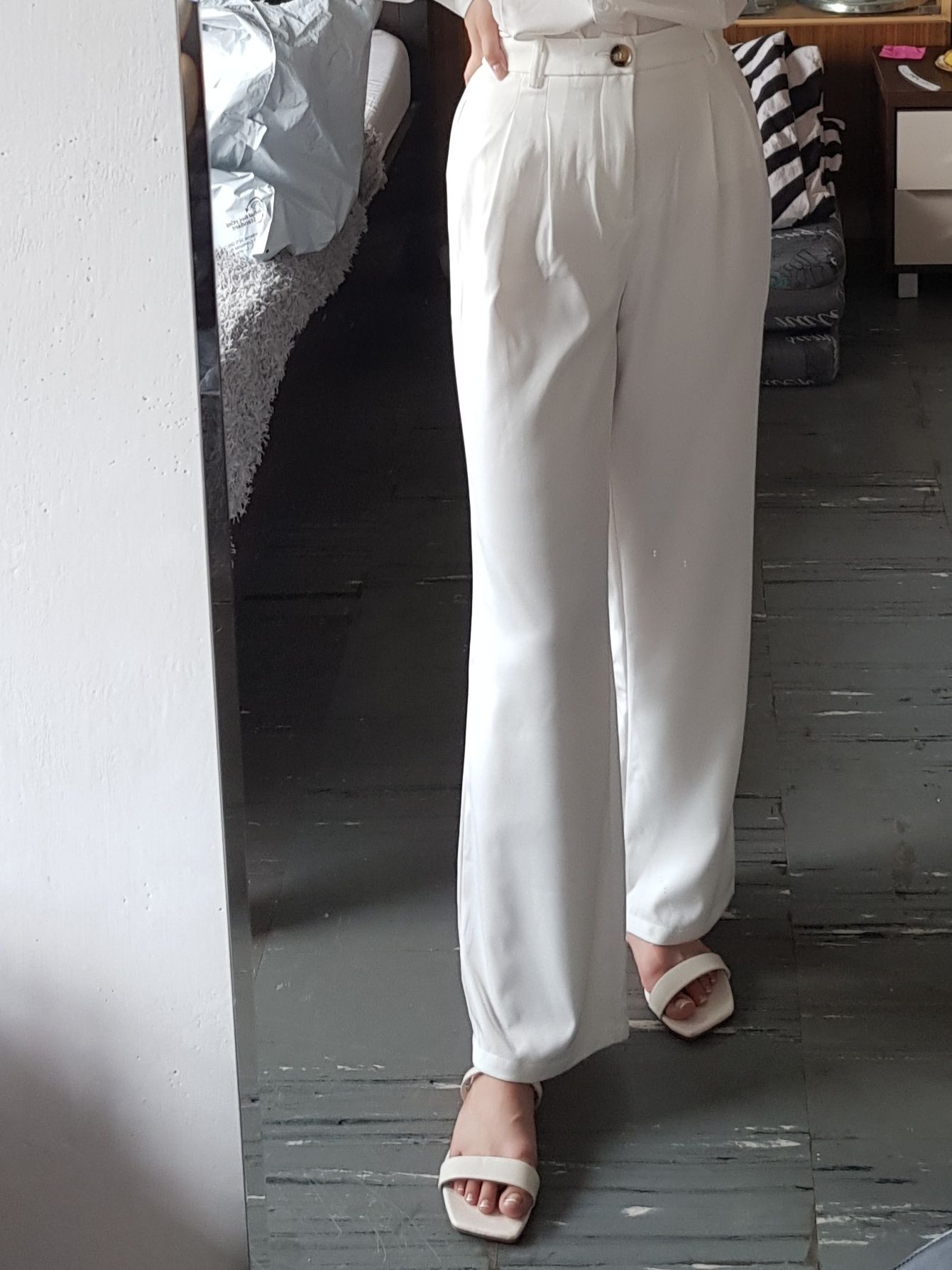 Białe długie eleganckie damskie spodnie szeroka nogawka shein