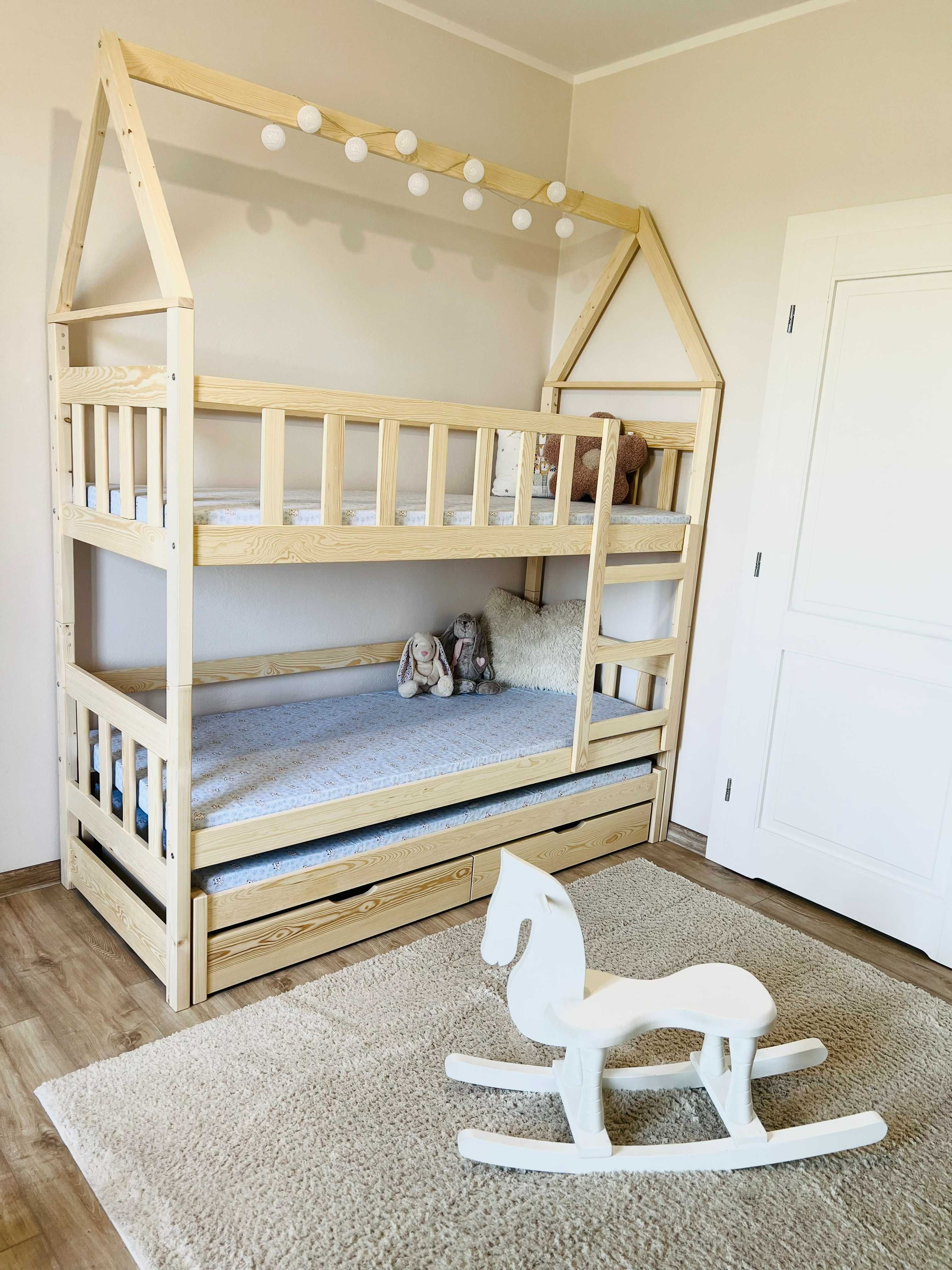 Łóżko piętrowe 3 osobowe dla dzieci DOMEK, materace 160x75 / 180x75