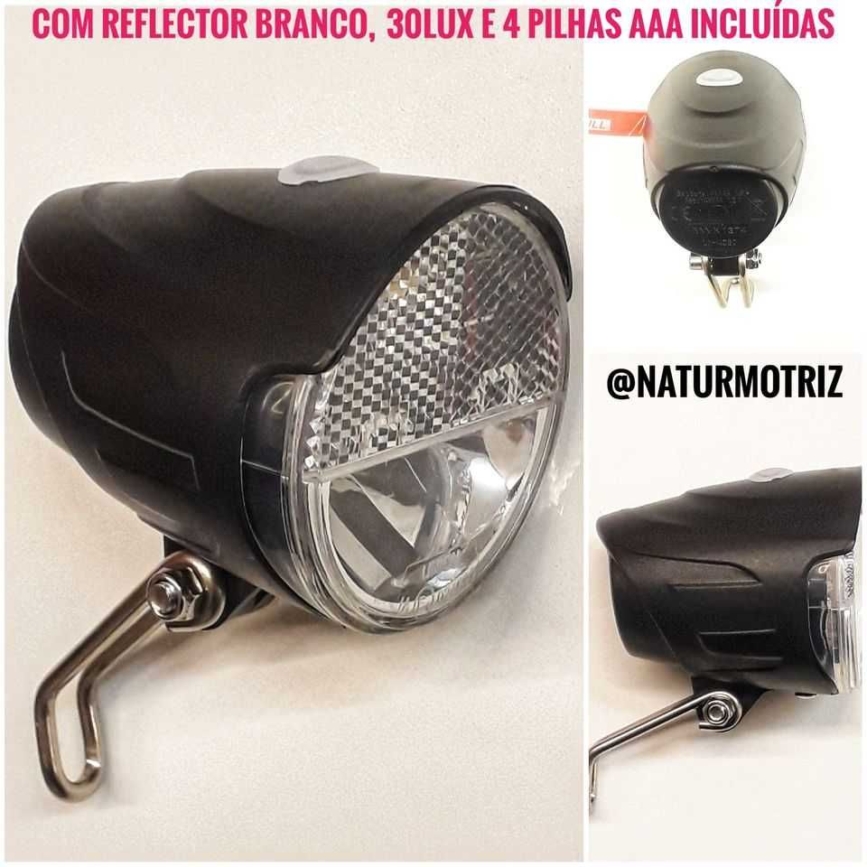 Luz dianteira (30Lux) com reflector para bicicleta; suporte em inox