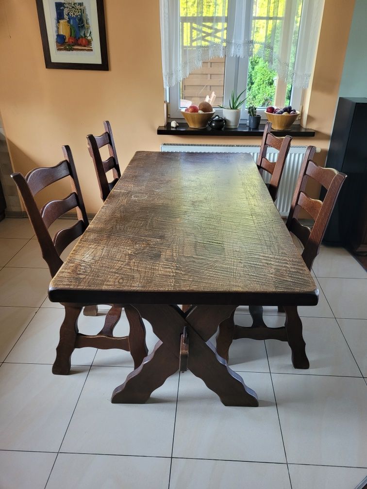 Stół drewniany dębowy ryflowany, 180 cm x 87, 4 krzesła