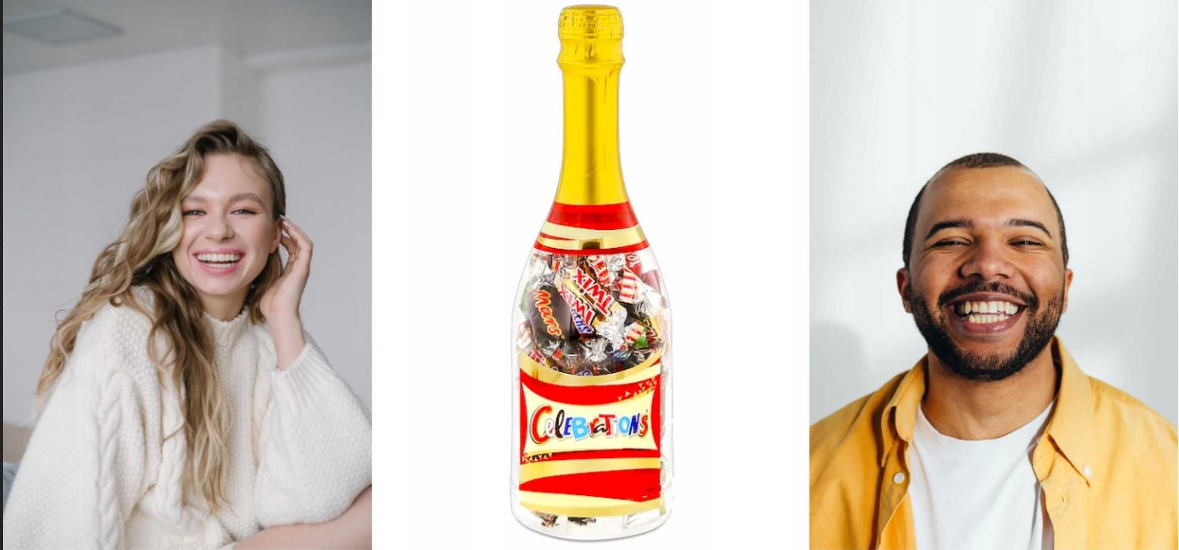 cukierki celebrations mars twix butelka w butelce od szampana na prez