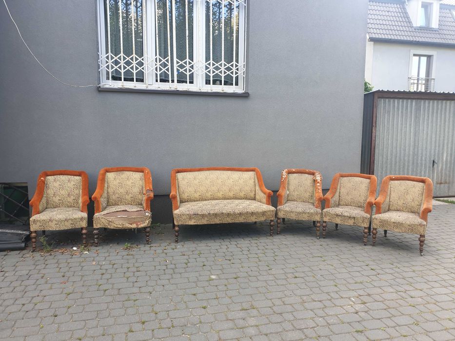 zestaw przedwojennych mebli sofa i 5 foteli do renowacji