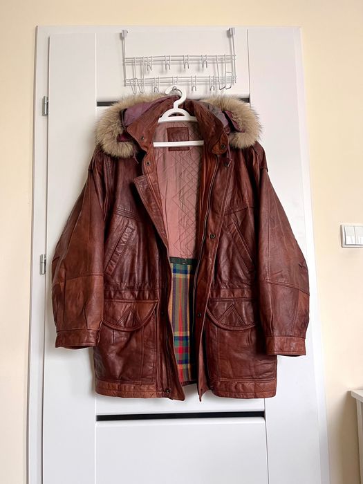 Skórzana brązowa klasyczna zimowa kurtka futro premium vintage retro