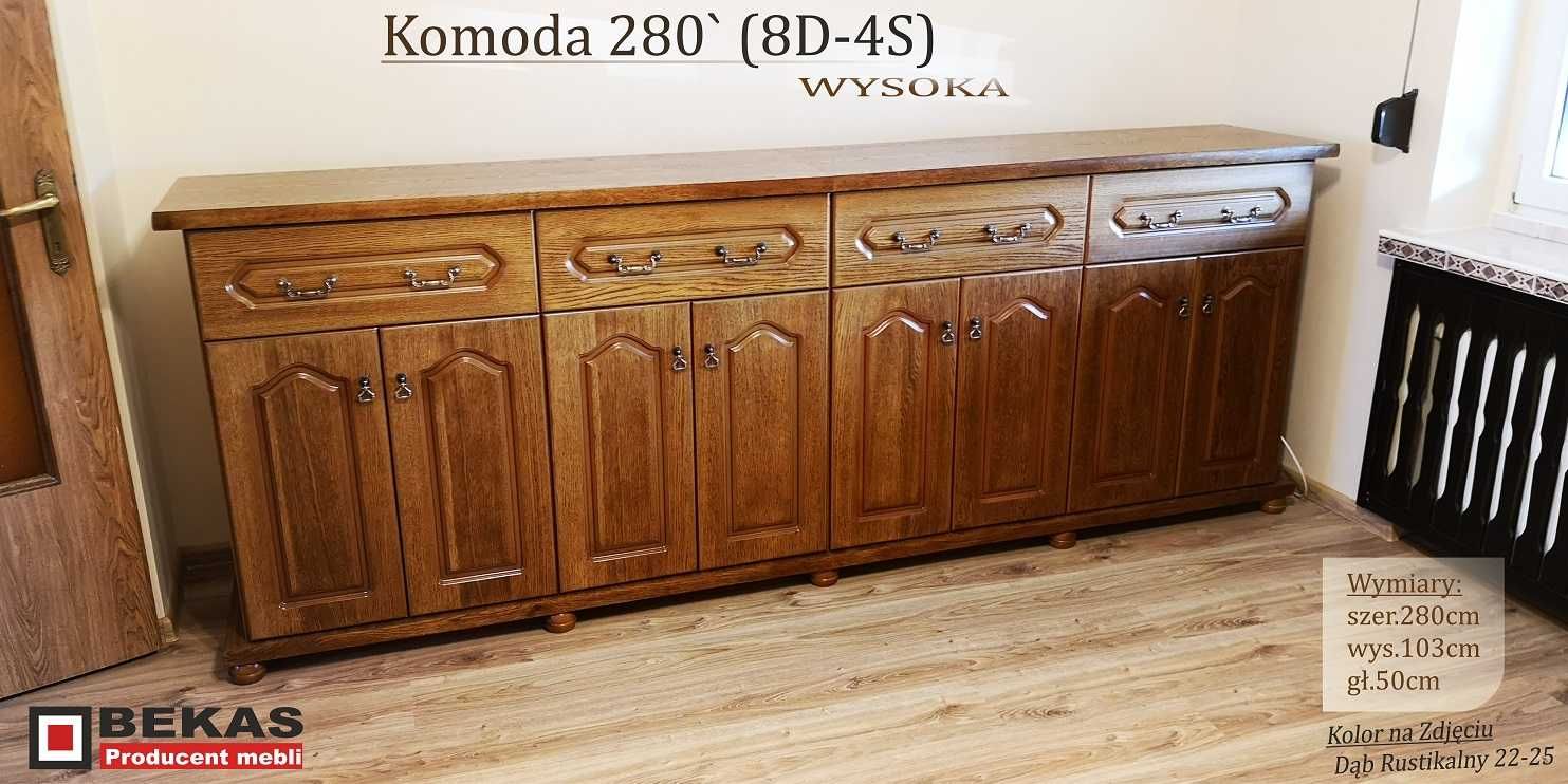 Duża Komoda 280` (8D-4S) XXL Wysoka Dąb rustikal Bekas Meble