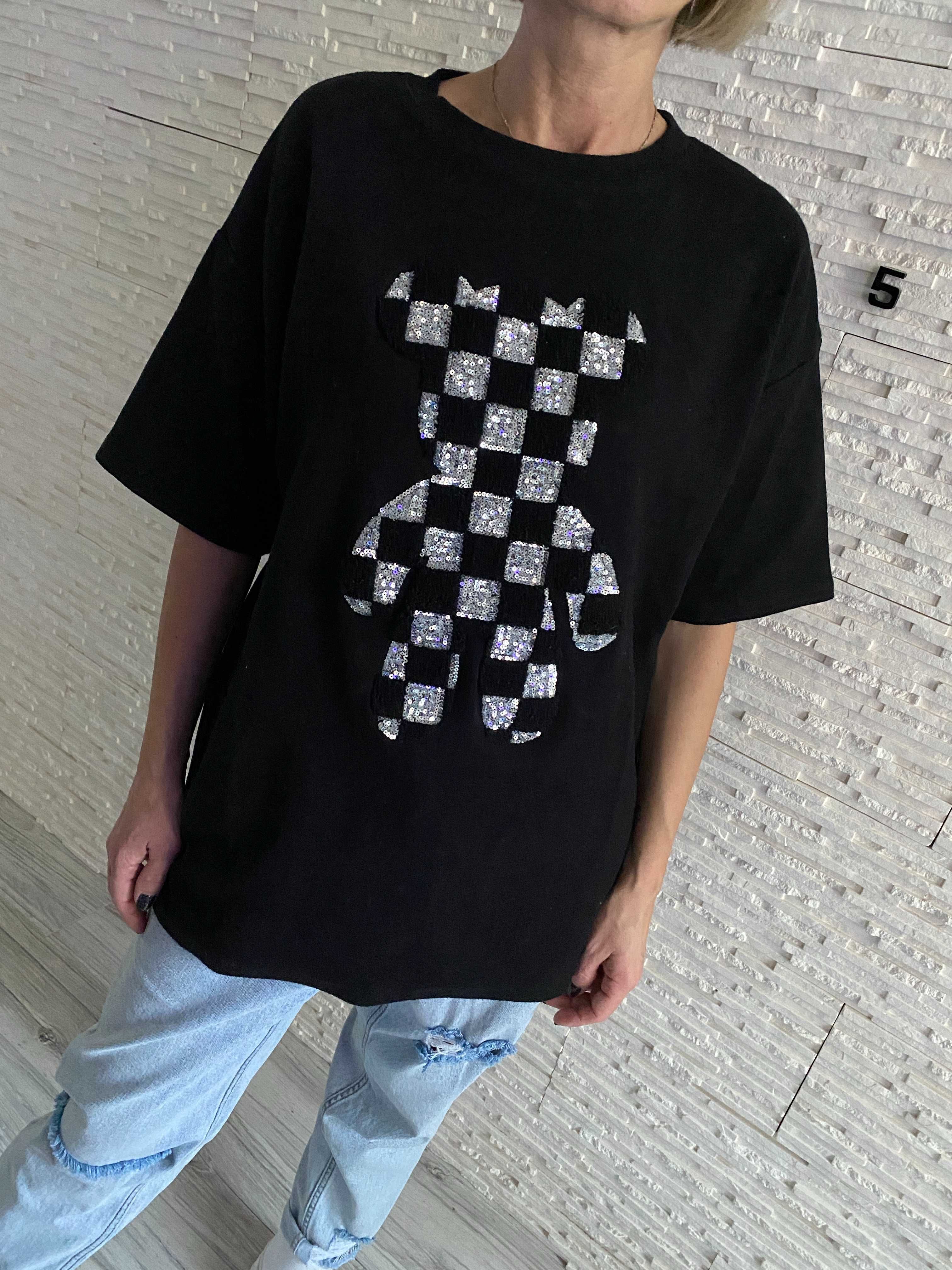 Premium t-shirt z misiem teddy oversize cekiny połyskujący Uni