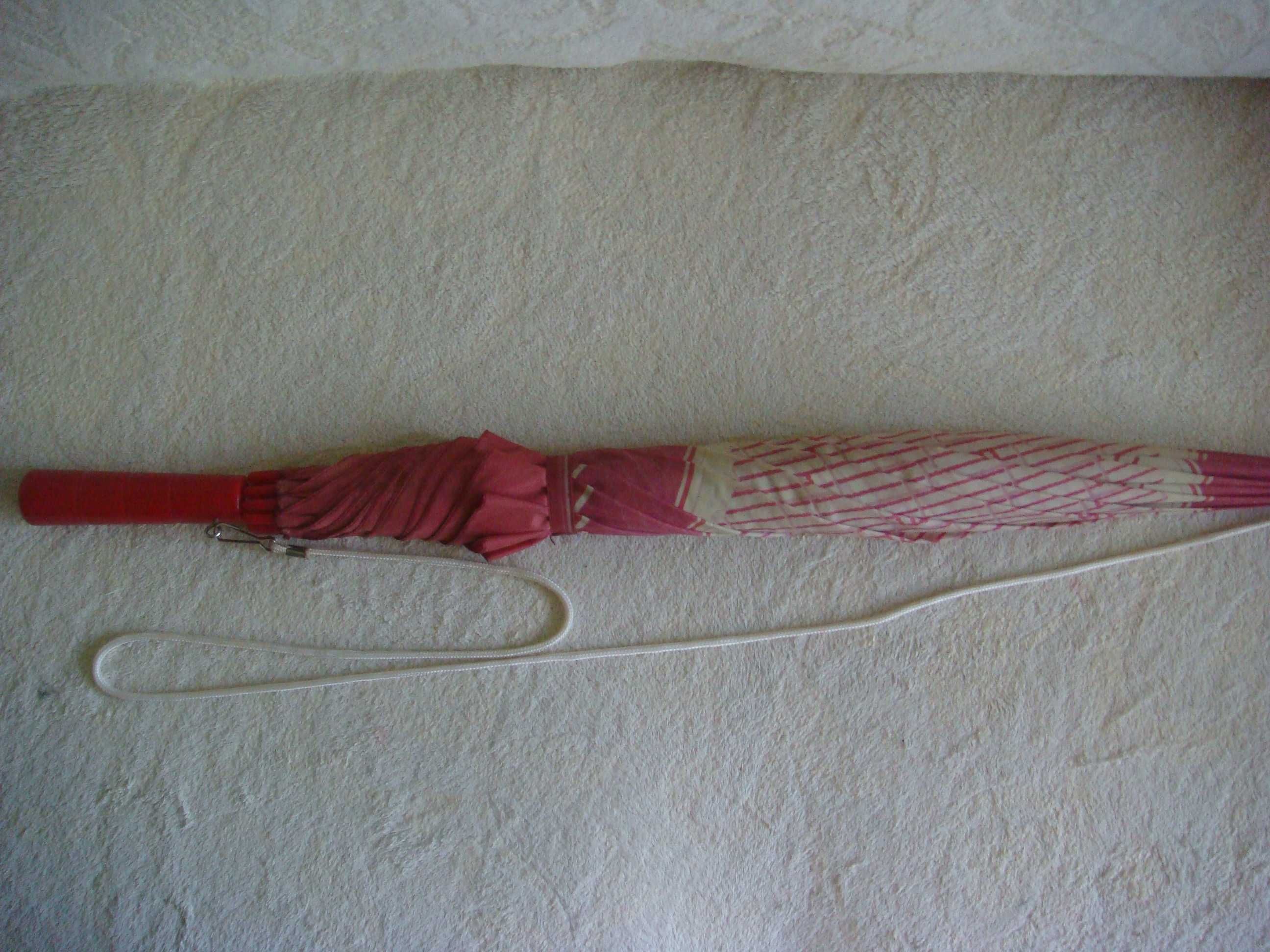 Парасолька-тростина біло-рожева зі зручним  ремінцем через плече