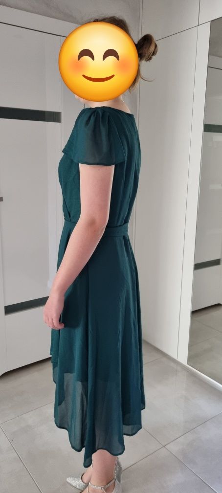 Długa zielona asymetryczna sukienka krótki rękaw Salsa 40