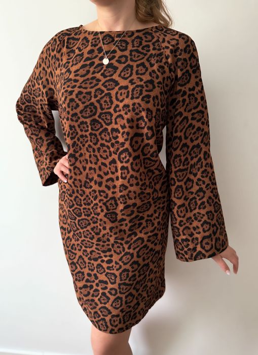 Panterkowa sukienka szerokie rękawy H&M 40 L brązowa do kolana pantera