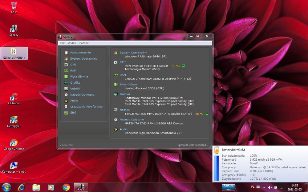 Laptop 15 HP Compaq Presario C700 Intel Pent 2x Win7 office SSD nauka