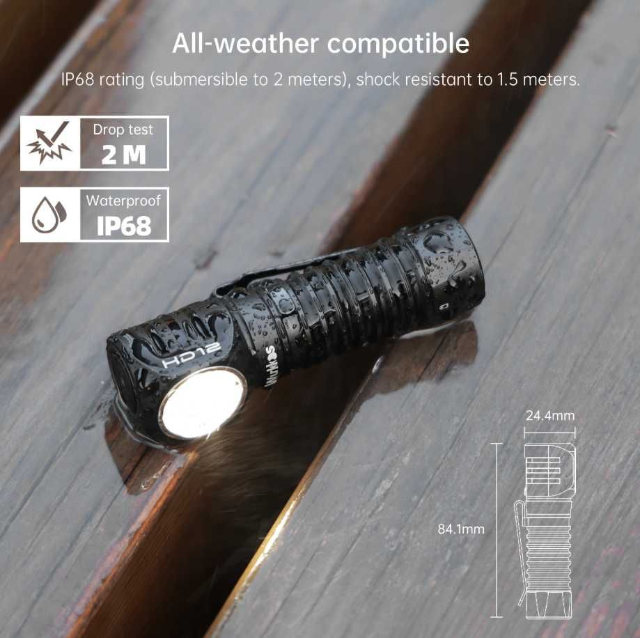 Ліхтар WURKKOS HD12\5000K CRI90\850lm\RED-light\IP68 \USB-C\1,2–4,2 В