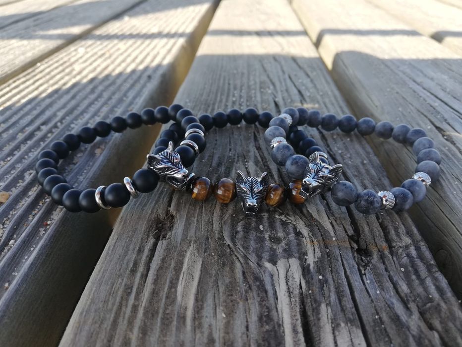 Pulseiras Masculinas Lobo com Pedras Naturais