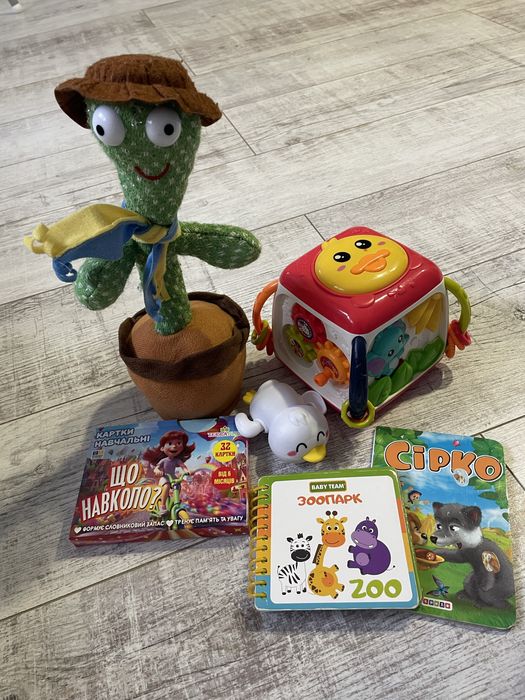 Музыкальный бизикуб , кактус , карточки , книжки, водная игрушка