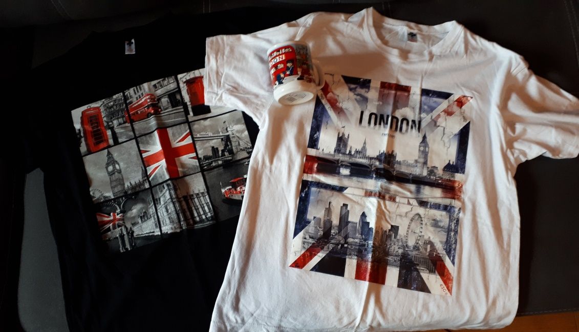 Londyn/London. Pamiątki.  T-shirty plus kubek