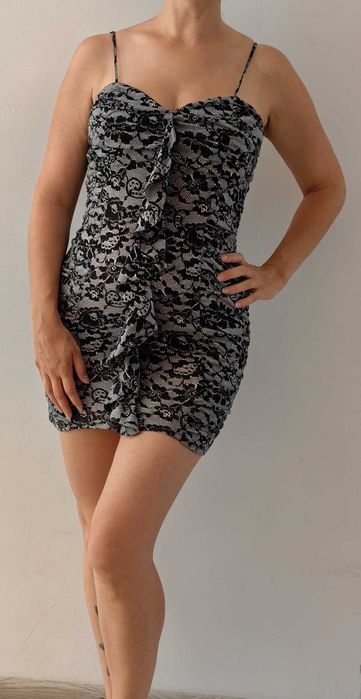 Sukienka na ramiączkach szaro czarna krótka rozmiar S 36