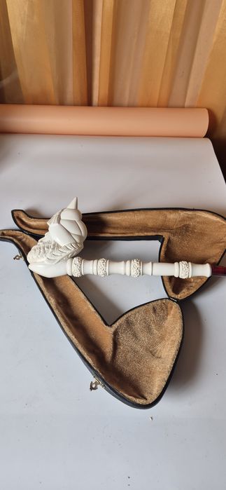 Piękna stara olbrzymia fajka z pianki morskiej sepolit w etui 34 cm