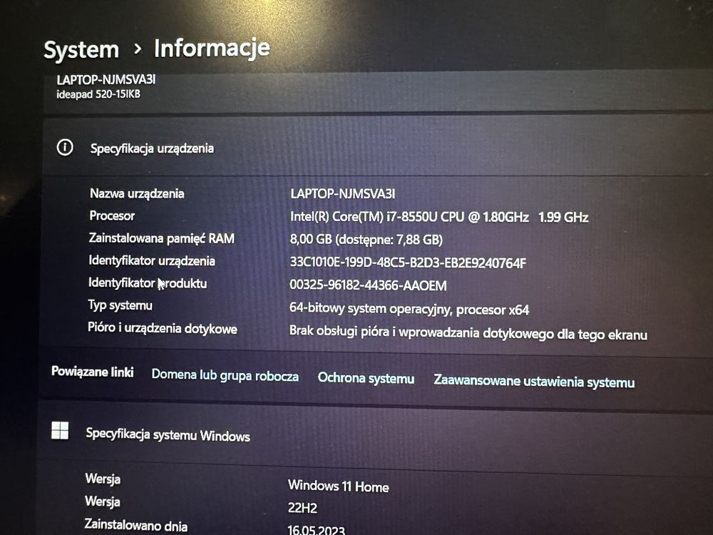Lenovo IP520 core i7 8gen 8gb ram
